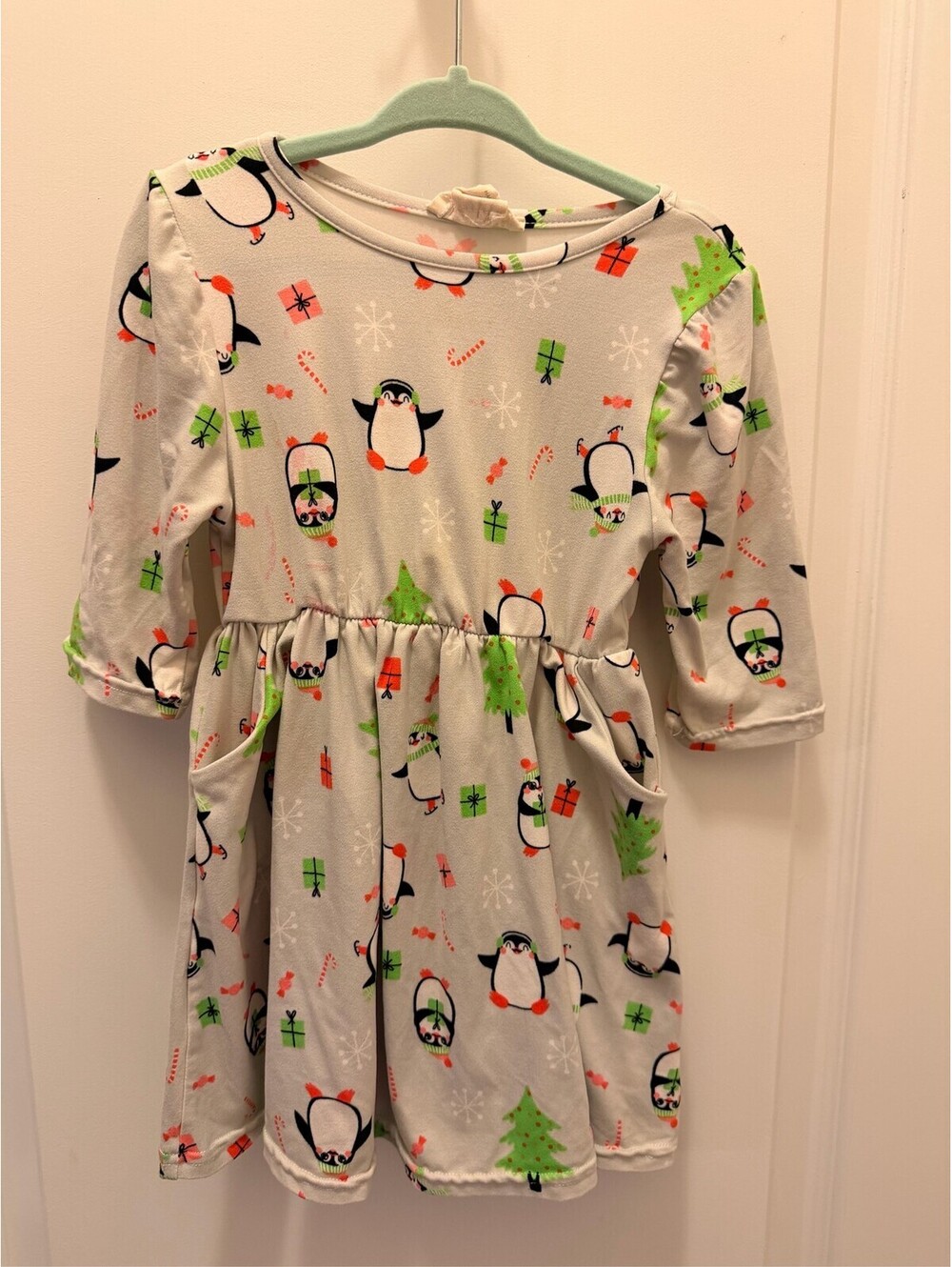 Girls Long Sleeve Christmas Dress Penguin Pattern Holiday Gray 2T